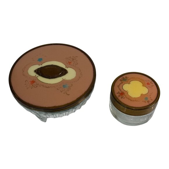 Other - Vintage Art Deco MCM Powder Glass Jar Trinket Metal Lid Grannycore Lot of 2